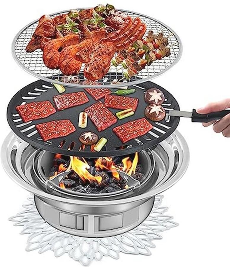 Draagbare BBQ Houtskool Grill voor Buiten Ronde Anti-stick Grill met Isolatie Pad voor Picknick en Camping