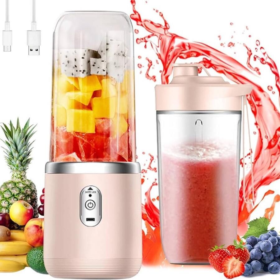 Draagbare Blender 400ml Incl. To Go Bekers 6 Mesjes Blender To Go -Smoothie Maker Portable Blender Oplaadbare mini Blender USB-C Oplaadbare Blenders Draadloze Smoothie Shake Maker Voor milkshakes sappen smoothies Roze