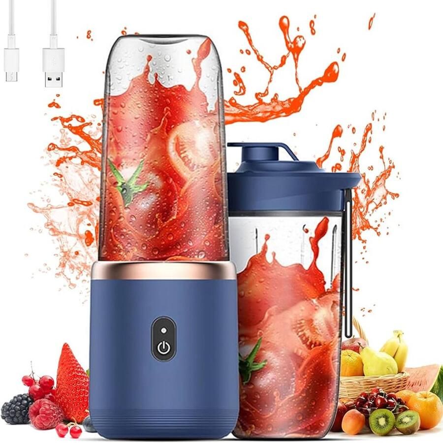 Draagbare Blender 400ml Incl. To Go Bekers 6 Mesjes Blender To Go -Smoothie Maker Portable Blender Oplaadbare mini Blender USB-C Oplaadbare Blenders Draadloze Smoothie Shake Maker Voor milkshakes sappen smoothies Blauw