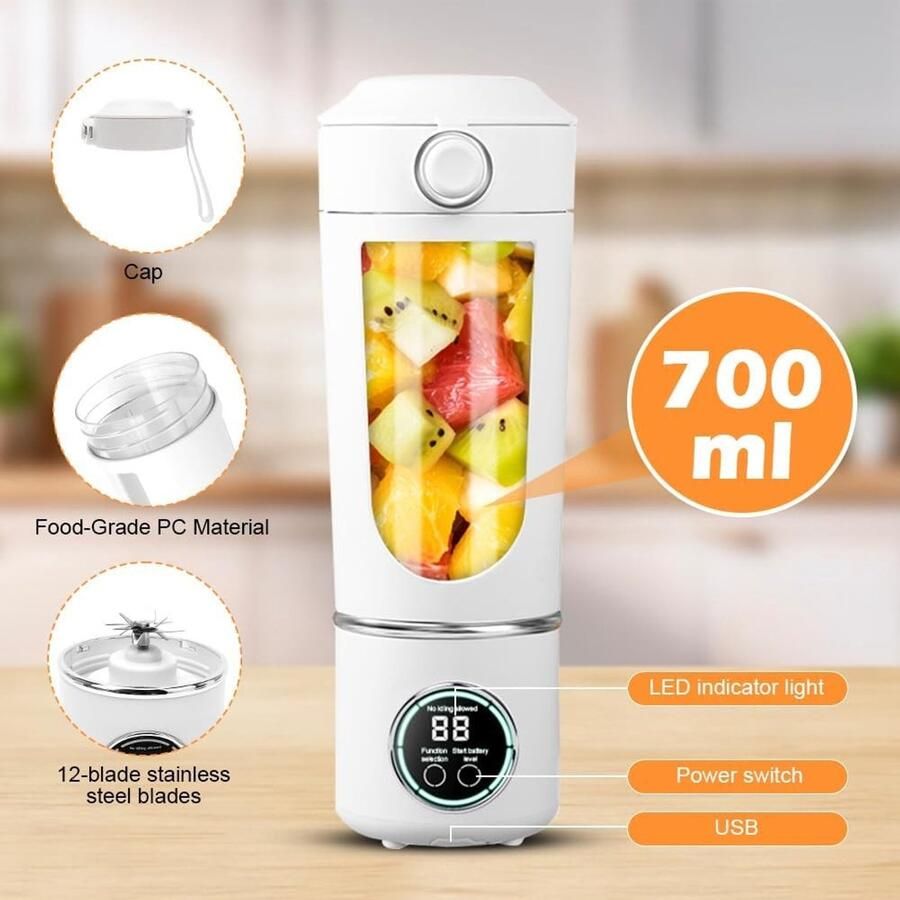 Draagbare Blender 700 ml Oplaadbare Mini Juicer Smoothie Maker met 12 Roestvrijstalen Messen Ideaal voor Smoothies Shakes en Reizen Perfect voor Kantoor en Sportactiviteiten