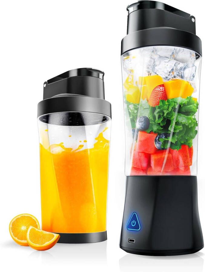 Draagbare blender draadloos 24oz. blenderbeker persoonlijke blender voor shakes en smoothies BPA-vrij lekvrij deksel en drinktuit oplaadbaar via USB-C en zelfreinigend reisblender met 6 scherpe messen zwart