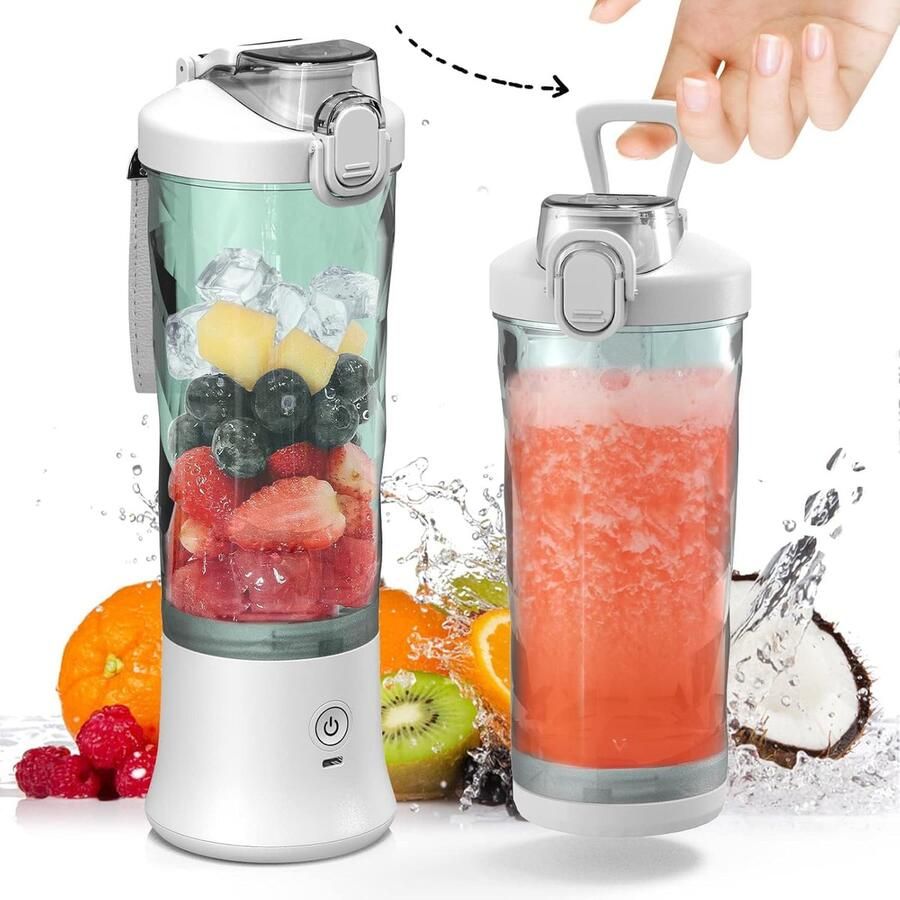 Draagbare Blender Draadloos voor Shakes en Smoothies 20oz met 6 Mesjes en Reisdeksel wit