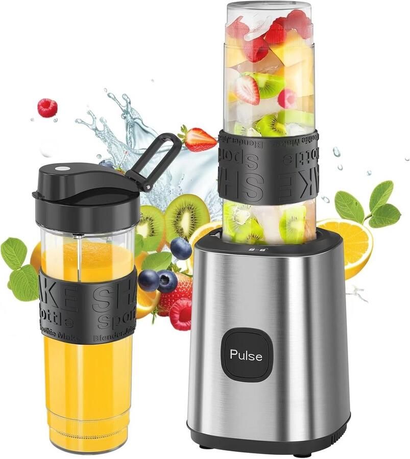 Smoothie Blender 500 W blender met 2 draagbare Tritan-flessen van 570 ml afscherming mixer BPA-vrij met 4 roestvrijstalen messen voor shake smoothie en babyvoeding