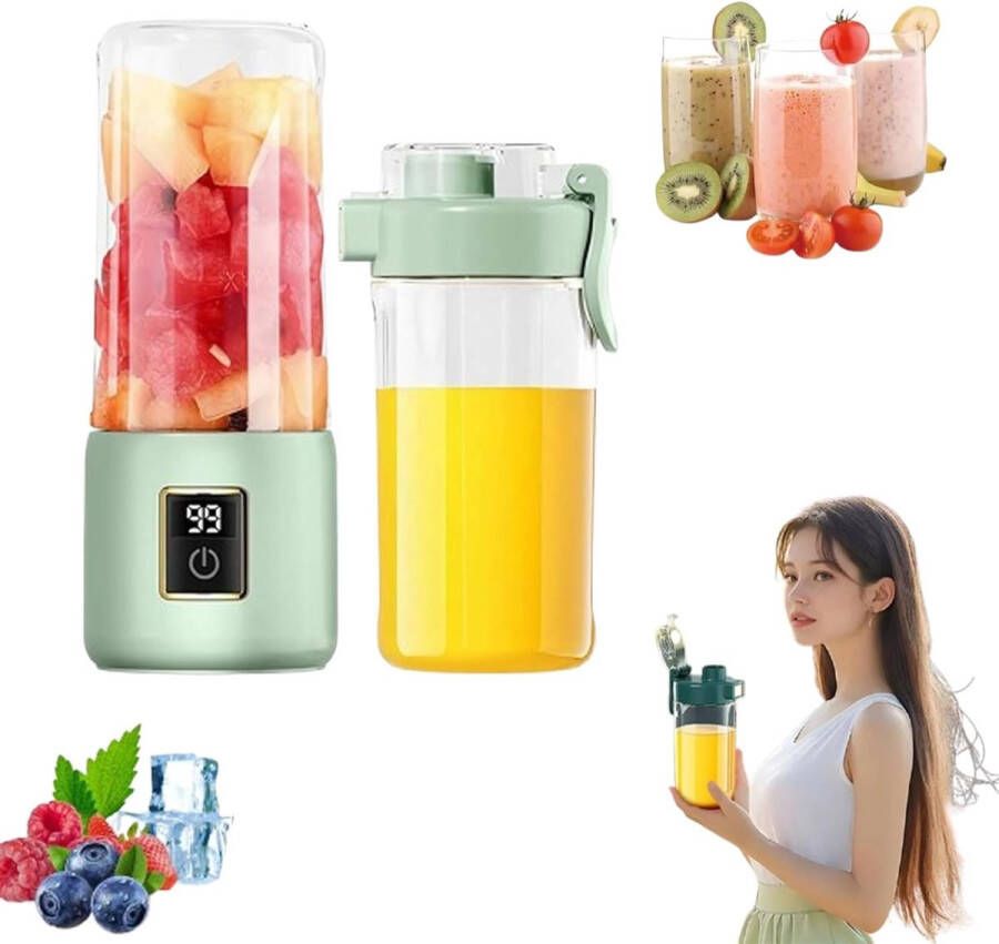 Draagbare blender Kleine smoothie- en shakemaker draagbare blender persoonlijke sapcentrifuge voor shakes en smoothies USB-C oplaadbare mini-mixer met extra deksel voor op reis op kantoor en in de sportschool