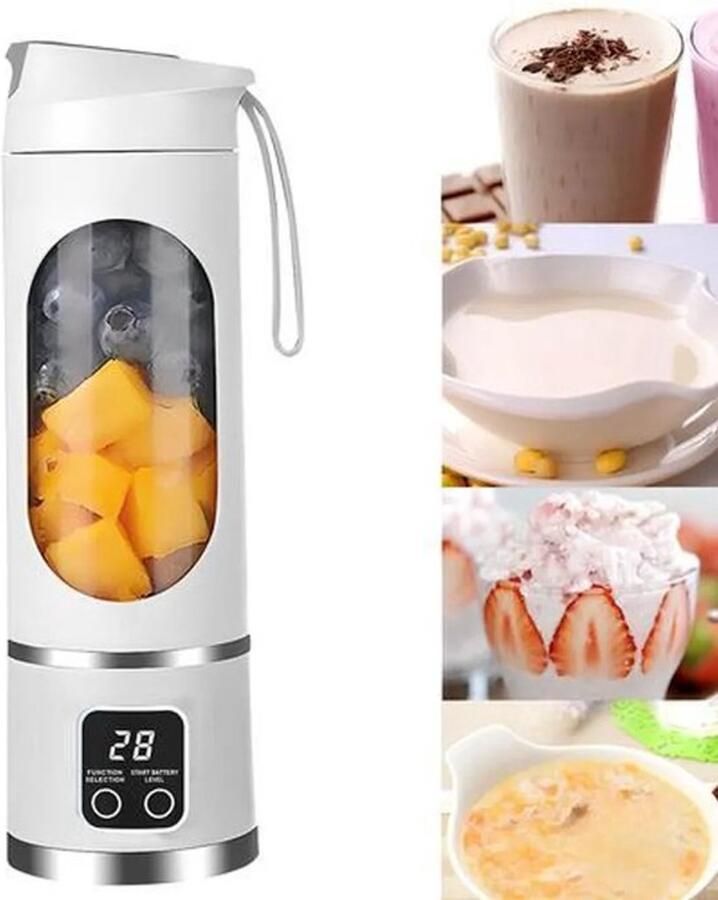 Draagbare blender met USB-aansluiting geschikt voor het maken van smoothies en crèmes voorzien van 12 vlijmscherpe messen een compacte mengbeker van 450 ml en een sapcentrifugefunctie wit