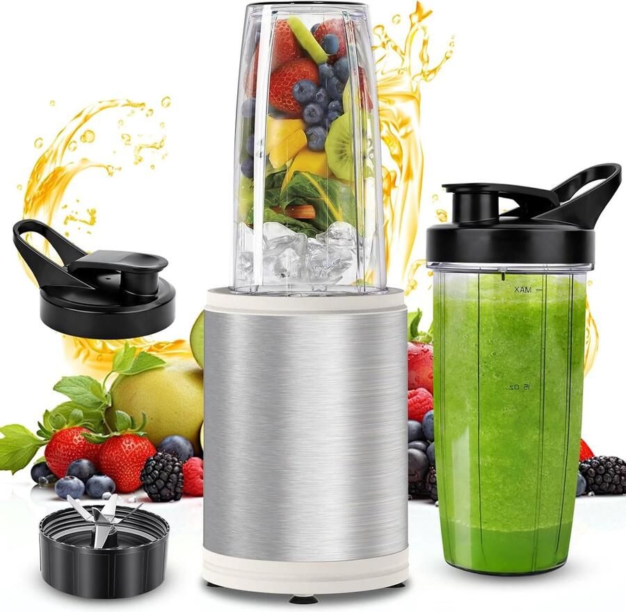 Draagbare Blender Mini Mixer Gezonde Drankjes Maken Krachtige 1200W Motor 2x 800 ml Zilver