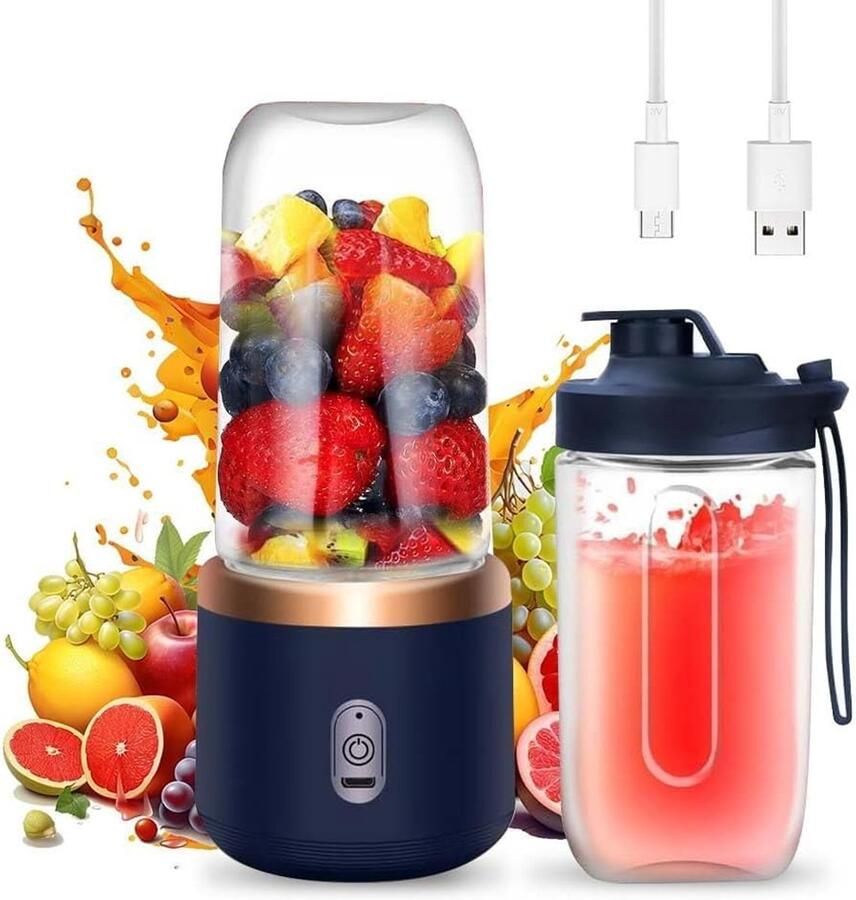 Draagbare Blender Mini Mixer Verse Drankjes Maken 6 Roestvrij Staal Messen 400 ml Blauw