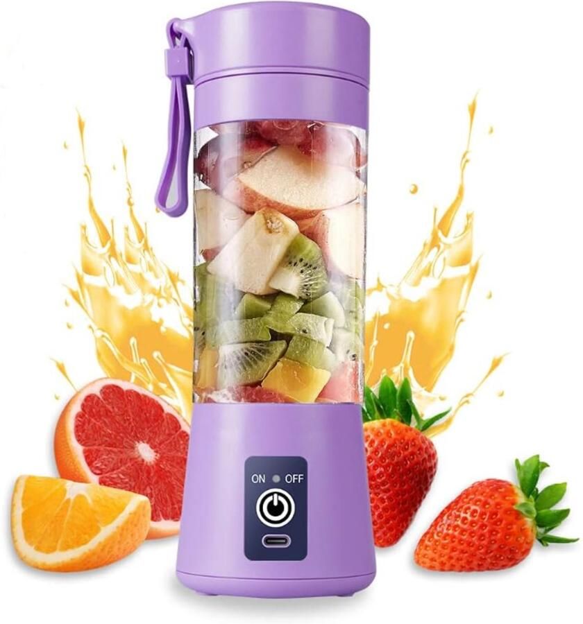 Draagbare blender mini smoothieblender voor shakes en smoothies 380ml minimixer met 6 driedimensionale messen elektrische USB-sappers geschikt voor thuis buiten en reizen (Lichtpaars)
