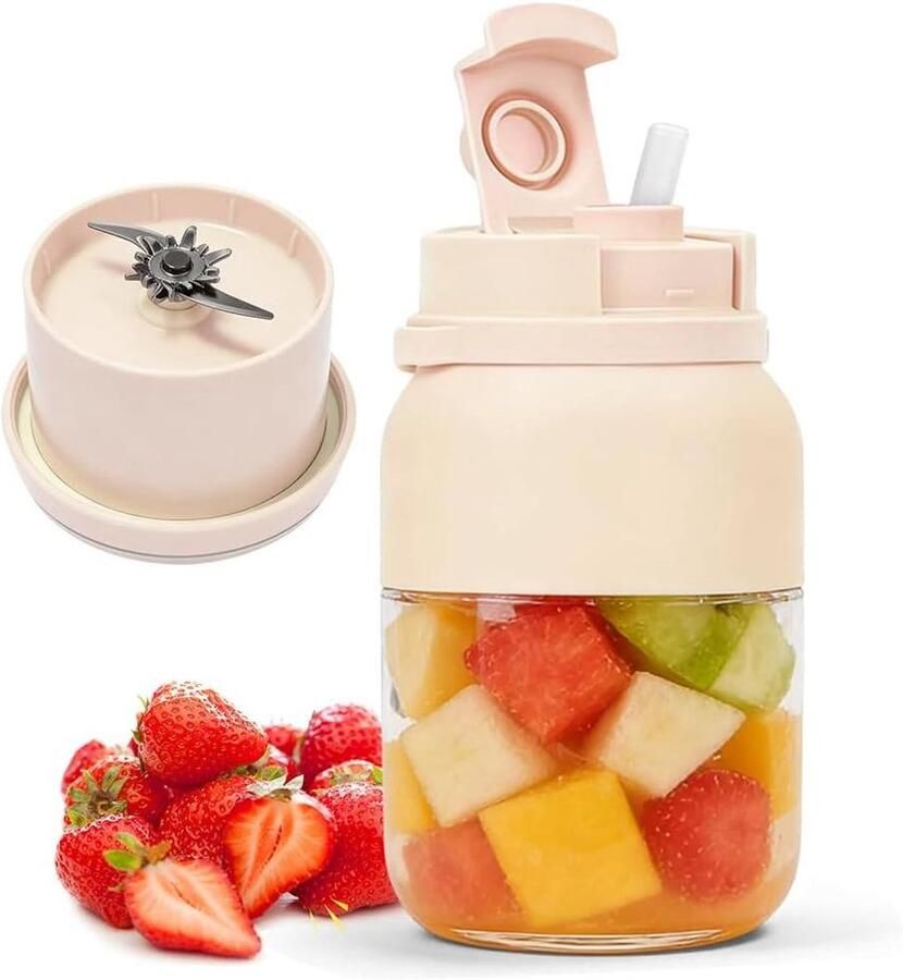 Draagbare Blender Mixer To Go Verse Smoothies Maken 38 Roestvrijstalen Messen 1200 ml Crèmekleurig