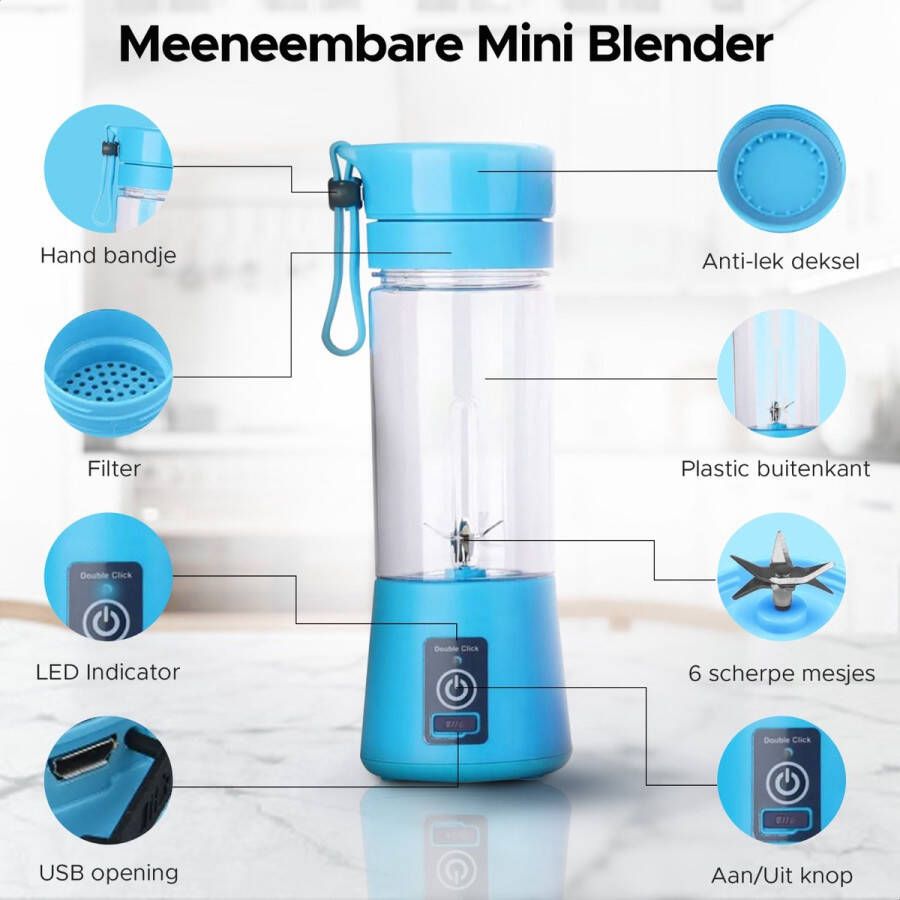 Draagbare blender On the go Mini Portable Draadloos Voor onderweg Smoothie maker Beker To go Blauw Nu Inclusief smoothie recepten PDF!