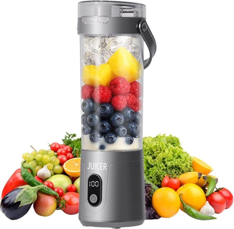 Draagbare blender smoothie blender to go voor shakes en vers fruit USB oplaadbaar grijs 26 5 x 9 5 x 8 5 cm ABS voor thuis werk en onderweg