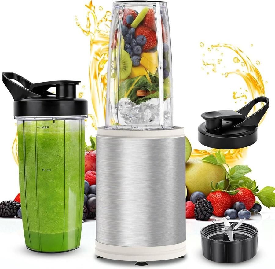 Draagbare Blender Smoothie Maker Gezonde Drankjes Maken Krachtige 1200W Motor 2x 800ml Bekers Zilver