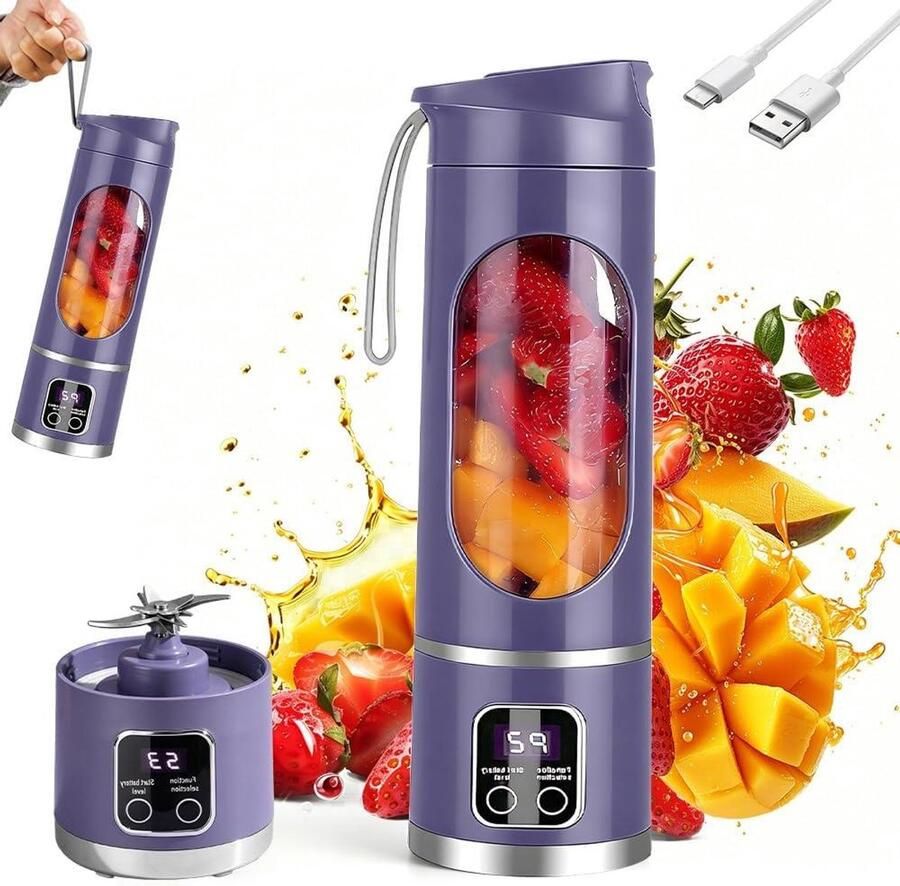 Draagbare Blender Mini Mixer Snelle Smoothies 12 RVS Bladen 450 ml Lila