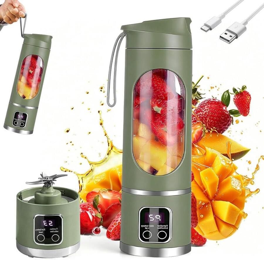 Draagbare Blender Mini Mixer Smoothies Maken 12 Roestvrij Stalen Bladen 450 ml Olijfgroen