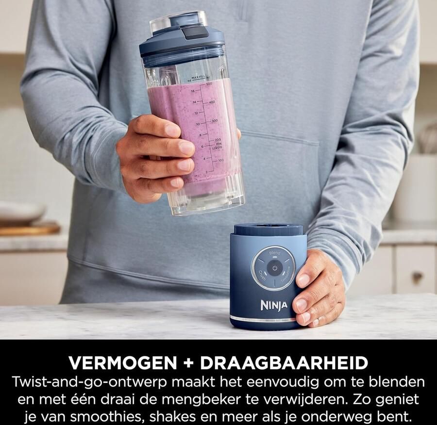Draagbare Blender To Go Oplaadbaar – 570ml Blendbeker met Lekbestendige Deksel – 3 Blendfuncties – Blendt IJs & Bevroren Fruit – Ideaal voor Smoothies & Proteïne Shakes (Marineblauw)