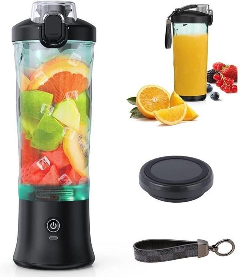 Draagbare blender van 600 ml ideaal Geschikt voor het maken van smoothies en milkshakes met een beker Geschikt voor vers sap Geschikt voorzien van een oplaadbare USB-C-batterij en 6 messen