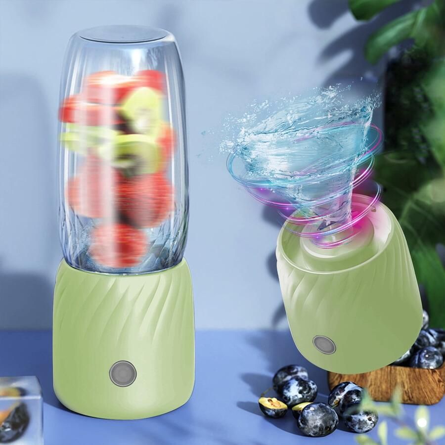 Draagbare blender sapcentrifuge USB-oplader 6 roestvrijstalen messen 350 ml inhoud handblender geschikt voor smoothies sappen sport reizen en buitengebruik (groen)