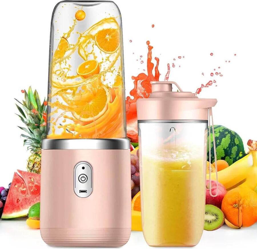 Draagbare blender staande blender shakemaker 400 ml inhoud oplaadbaar via USB inclusief 2 mengbekers roze