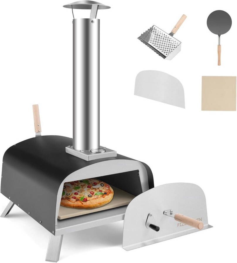 Draagbare Buiten Pizzaoven met Pizzasteen en Thermometer Hout- en Gasgestookt voor Tuin en Camping