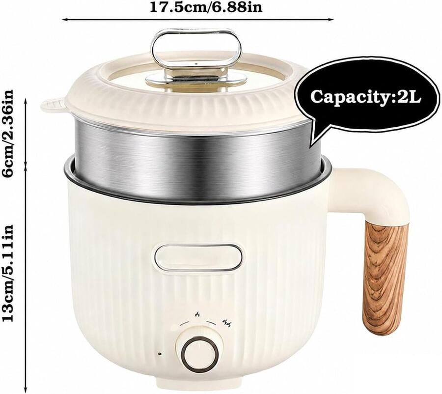 Draagbare Elektrische Hot Pot met Stoompan 2L Multicooker voor Soep Pasta en Reis Ideaal voor Keuken en Reizen