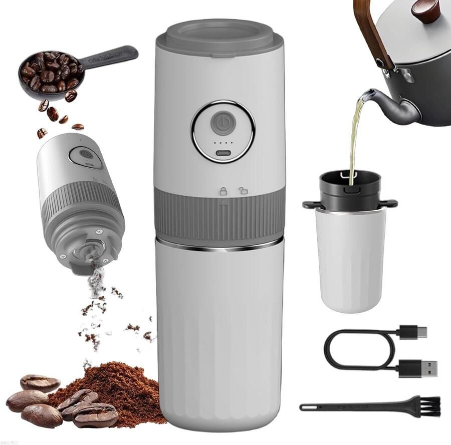 Draagbare elektrische koffiemolen — Compacte maalmachine — Koffiezetset — Ingebouwd filter & koffiekopje — Ideaal voor kamperen reizen kantoor espresso pour-over koffie en meer — Crèmewit