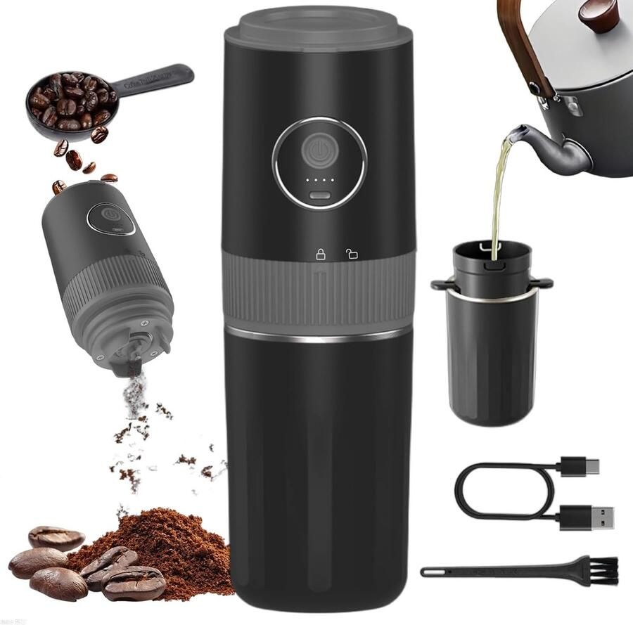 Draagbare elektrische koffiemolen — Compacte maalmachine — Koffiezetset — Ingebouwd filter & koffiekop — Ideaal voor kamperen reizen kantoor espresso pour-over koffie en meer — Zwart