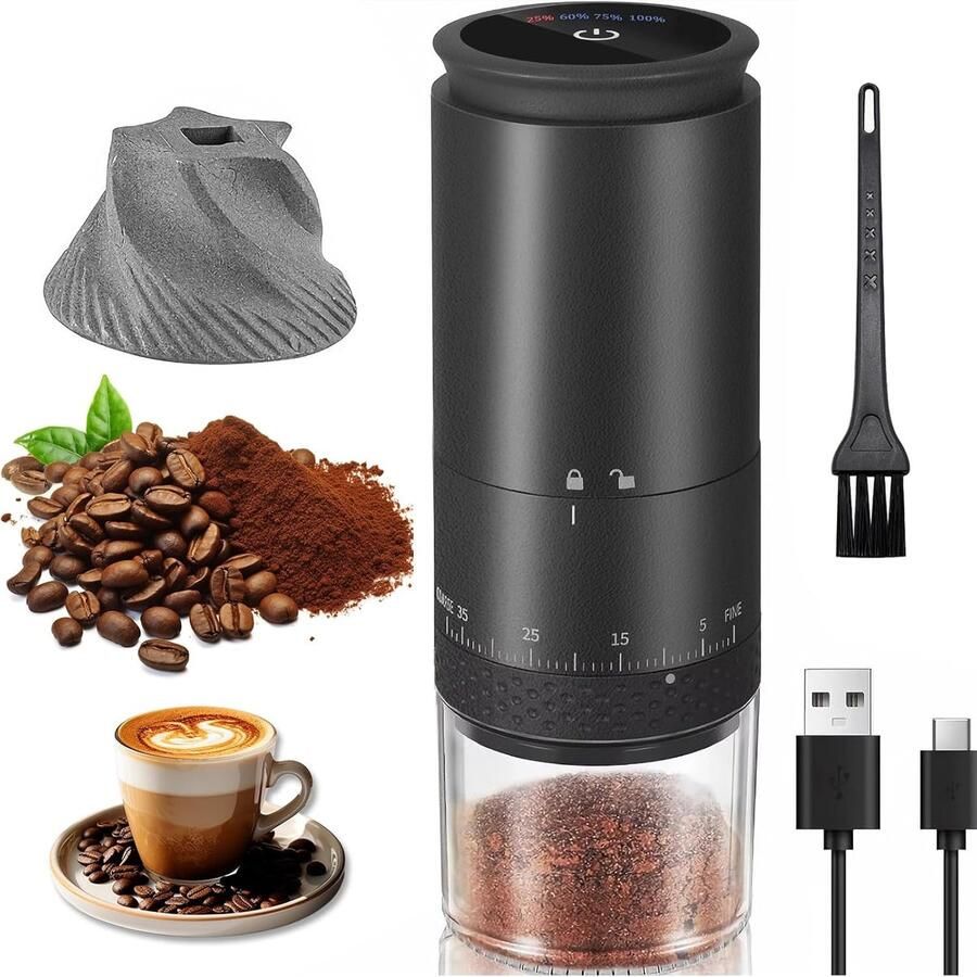 Draagbare elektrische koffiemolen – koffiebonenmaler met keramische kegelmaler – 38 maalinstellingen en LED-display – oplaadbaar via USB – voor reizen kamperen en kantoor (zwart L)
