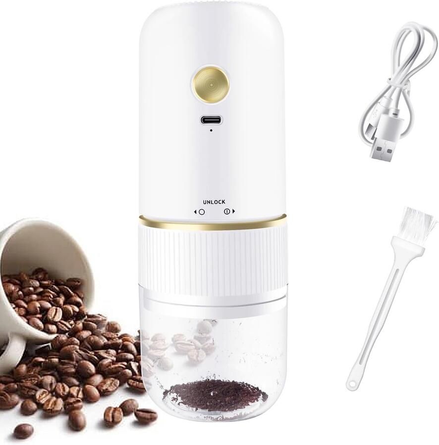 Elektrische koffiemolen -koffiezetapparaat- USB Type-C Verstelbare grove tot fijne maling voor bonen en granen Inclusief reinigingsborstel en kabel (Wit)