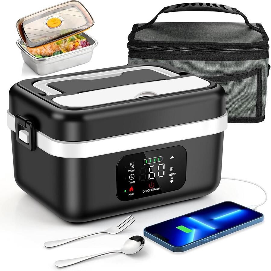 Draagbare Elektrische Lunchtrommel Batterij – 1L RVS Opwarmen & Warmhouden