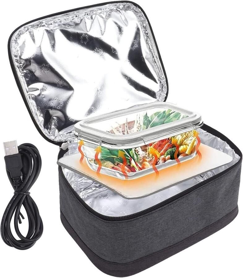 Draagbare elektrische lunchtrommel met USB-voedselwarmer constante verwarming en isolatietas voor volwassenen ideaal voor werk en reizen lichtgrijs