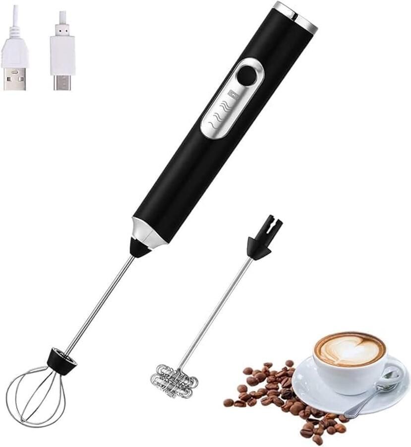 Draagbare elektrische melkopschuimer met 2 koppen schuimmixer met USB oplaadbaar 3 snelheden schuimmixer voor latte cappuccino warme chocolademelk ei (zwart)