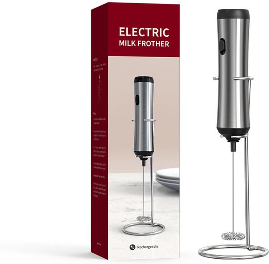 Draagbare elektrische melkopschuimer met roestvrijstalen roerstaaf inclusief voetstuk oplaadbaar inclusief USB-kabel geschikt voor koffie latte smoothies matcha warme chocolademelk en andere dranken