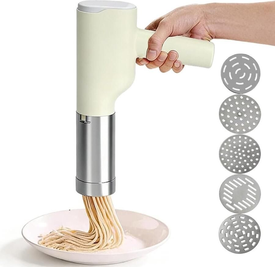 Draagbare Elektrische Pastamachine met 5 RVS Vormen en Maatbekers Snelle Pasta in 20 Seconden voor Thuis Keuken en Picknick