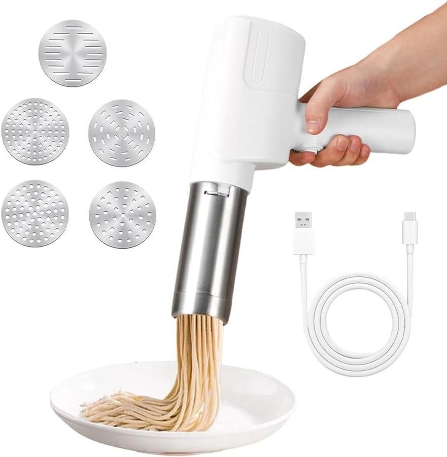 Draagbare Elektrische Pastamaker met 2000 mAh Accu Automatisch en 5 Persmallen voor Verse Pasta en Spaghetti Maken