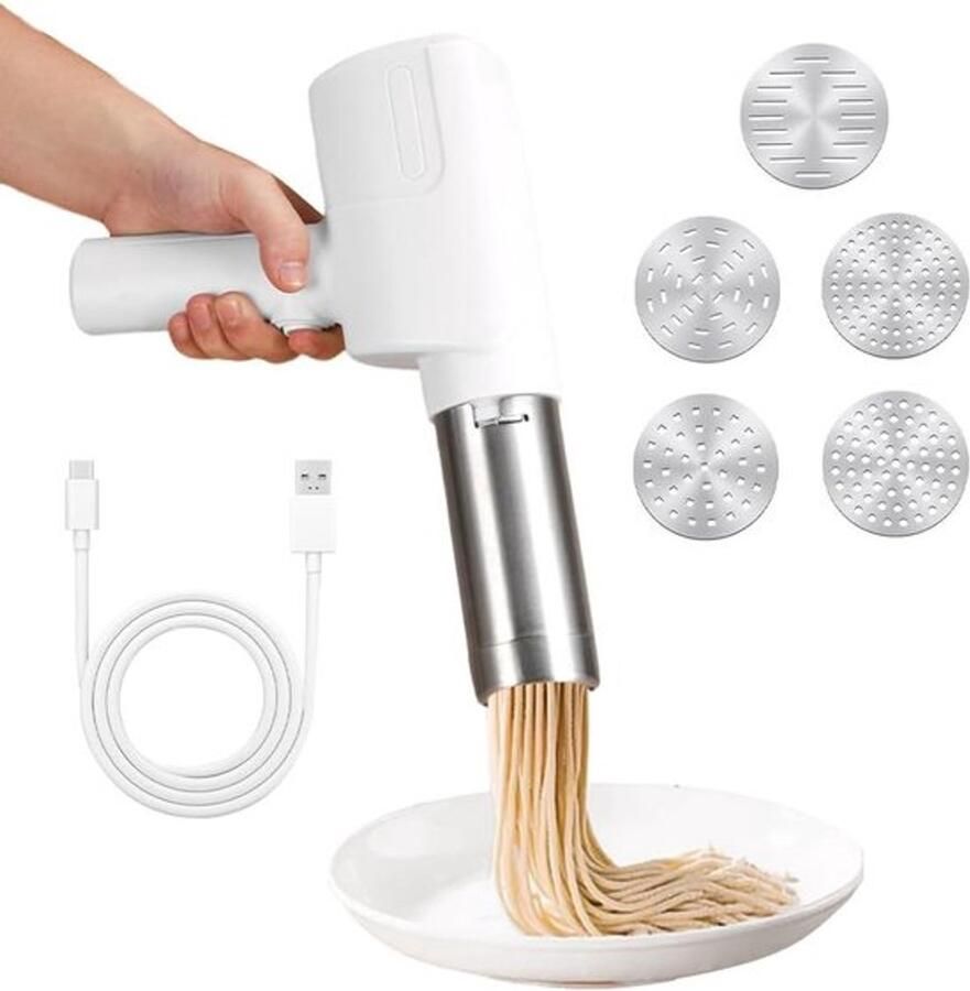 Draagbare Elektrische Pastamaker met 2000 mAh Automatisch Oplaadbaar en 5 Mallen voor Thuisgemaakte Pasta en Spaghetti