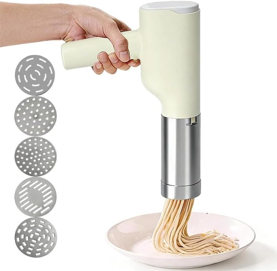 Draagbare elektrische pastamachine met 5 roestvrijstalen vormen en maatbekers snel en eenvoudig pasta maken voor thuis keuken en picknick