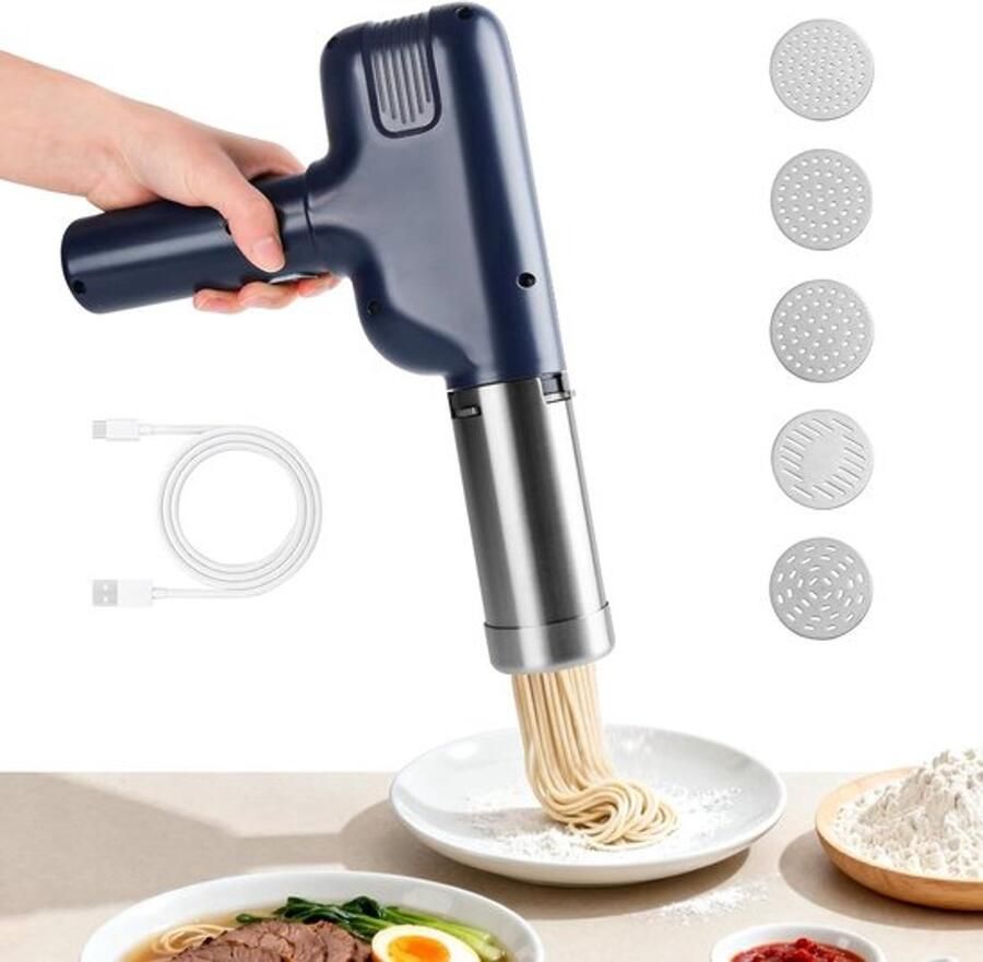 Draagbare elektrische pastamaker met 7 accessoires oplaadbaar voor heerlijke spaghetti en fettuccine ideaal voor thuisgebruik