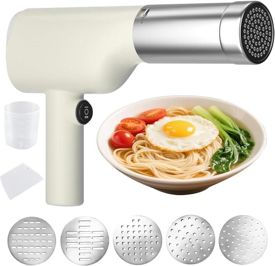Draagbare elektrische pastamaker met oplaadbare accu en 5 persmallen voor zelfgemaakte pasta spaghetti en macaroni voor onderweg picknicks en gezinsgebruik