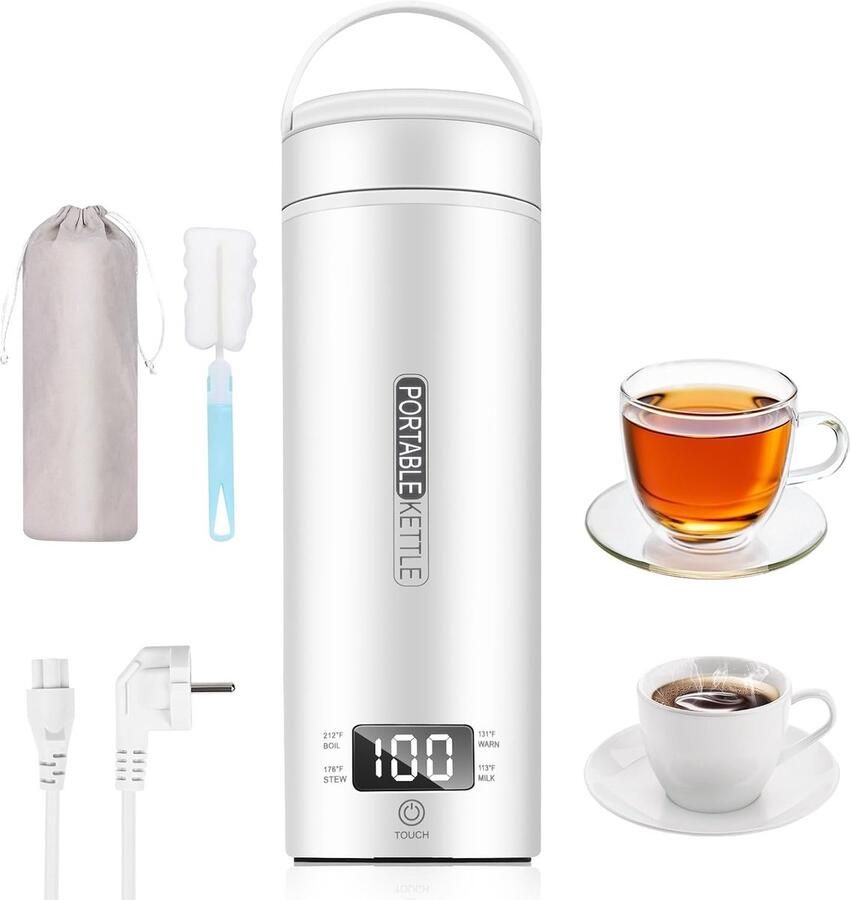 Draagbare Elektrische Reiswaterkoker Wit 450 ml Roestvrij Staal Voor Thee en Koffie