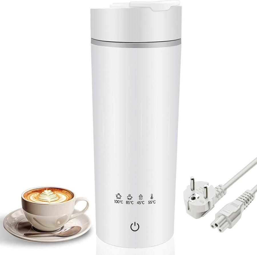 Draagbare Elektrische Waterkoker in Wit (475ml) met 4 Temperatuurstanden (45-100°C) Dubbele Wand en Losse Stroomkabel – Compacte Reiswaterkoker voor Onderweg