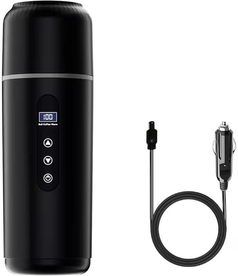 Draagbare elektrische waterkoker voor de auto 12V 24V 500ml 304 RVS temperatuurinstelbaar 30-100°C-Zwart