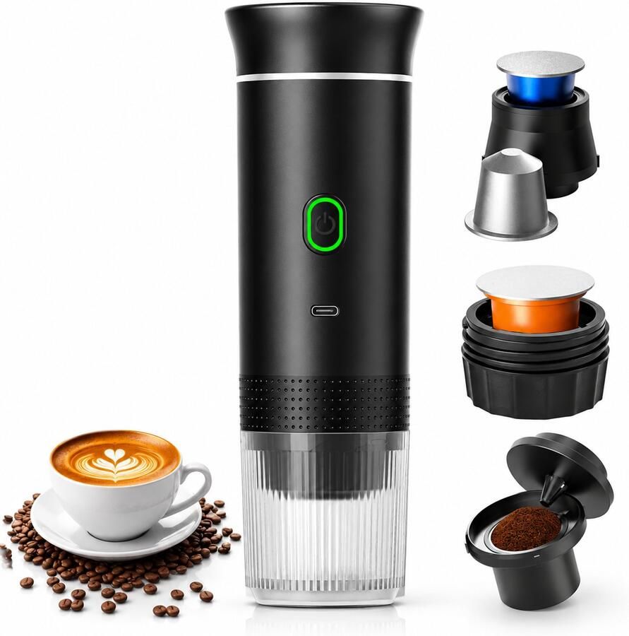 Draagbare Espressomachine 3-in-1 – Zelfverwarmend – Capsules en Gemalen Koffie – USB-C – 7500mAh – Zwart