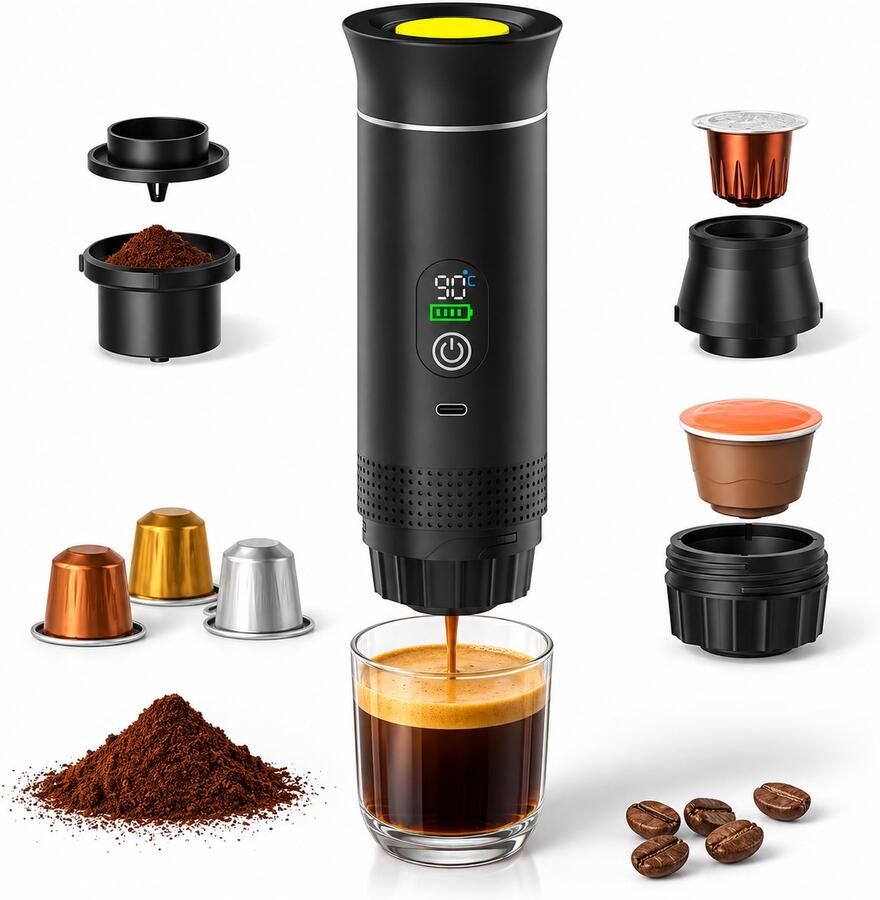Draagbare espressomachine 80 ml – zelfverwarmend – USB-C oplaadbaar – voor gemalen koffie en capsules