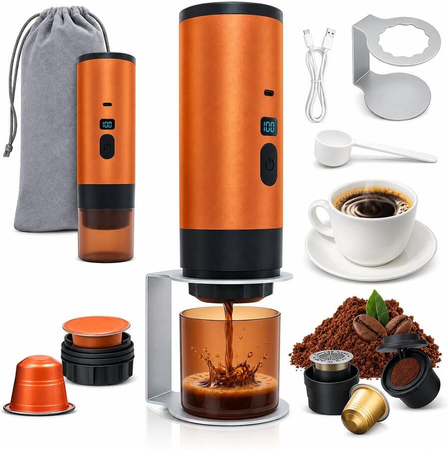Draagbare espressomachine 90 ml – 15 bar – 7800 mAh accu – USB-C oplaadbaar – voor gemalen koffie en capsules
