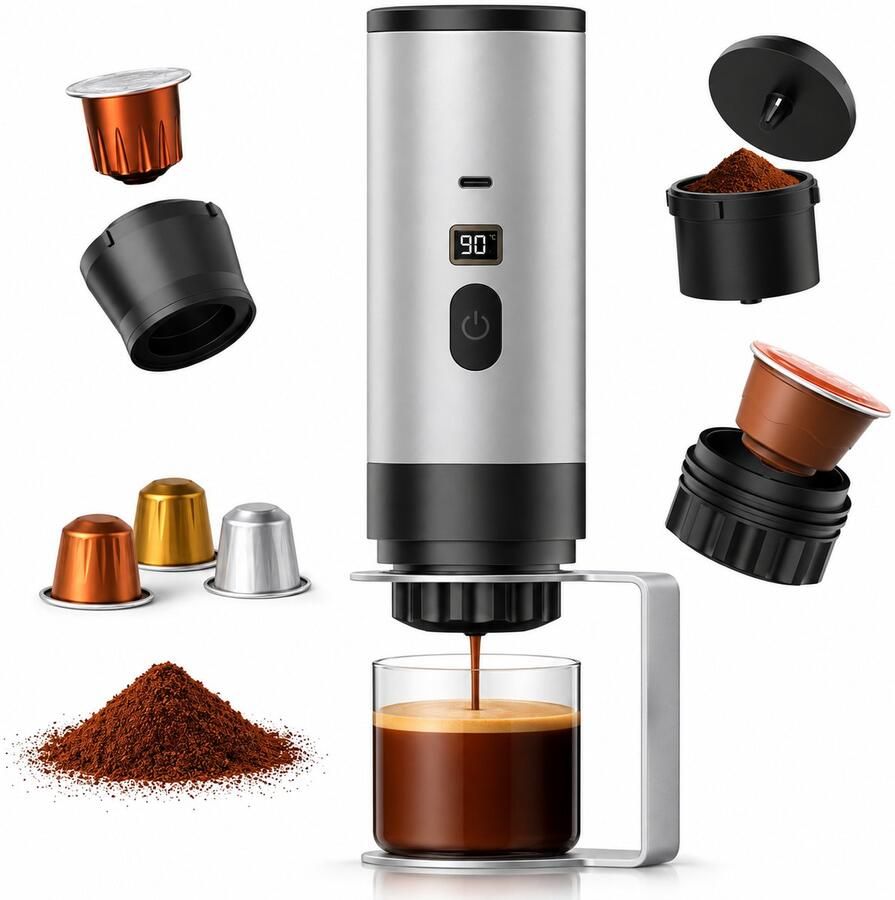 Draagbare espressomachine 90 ml – zelfverwarmend – USB-C oplaadbaar – voor gemalen koffie en capsules