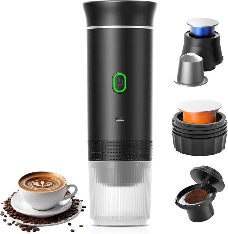 Draagbare espressomachine auto elektrisch verwarmde reiskoffiemachine met USB-C compatibel met NS-capsules en gemalen koffie mini-koffiezetapparaat voor kamperen kantoor en wandelen