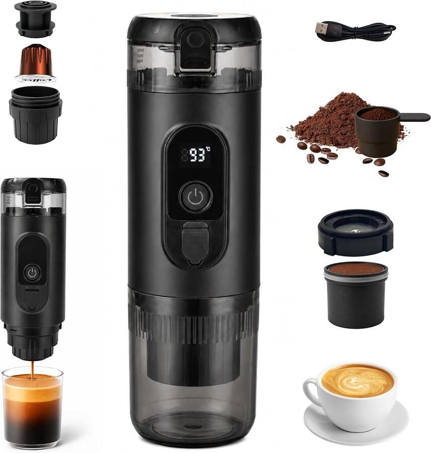 Draagbare espressomachine automatische elektrische koffiemaker met USB-C en led-display geschikt voor capsules waterreservoir van 60 ml kopinhoud van 150 ml zwart