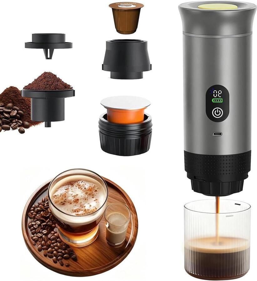 Draagbare Espressomachine Mini Koffiezetter Koffie Maken Onderweg 3-in-1 Werking 80ml Tank Zilver