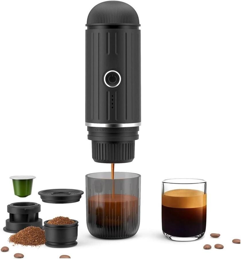 Draagbare espressomachine zelfverwarmend in 3-4 minuten oplaadbaar elektrisch koffiezetapparaat geschikt voor NS-capsules en gemalen koffie ideaal voor kampeertrips met de auto