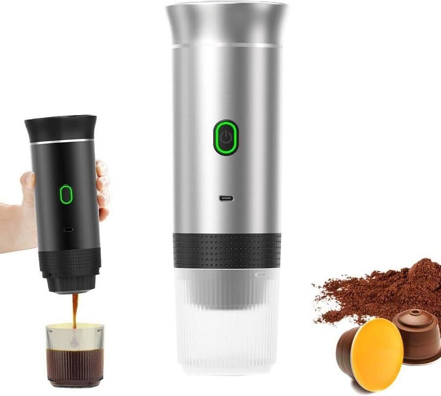 Draagbare Espressomachine Zelfverwarmend voor Onderweg Werkt met Koffiecups of Losse Koffie